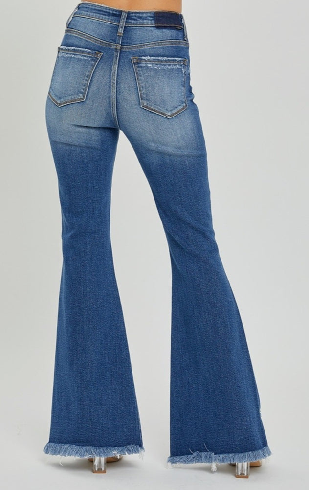 RISEN HIGH RISE DISTRESSED FLARE JEANS