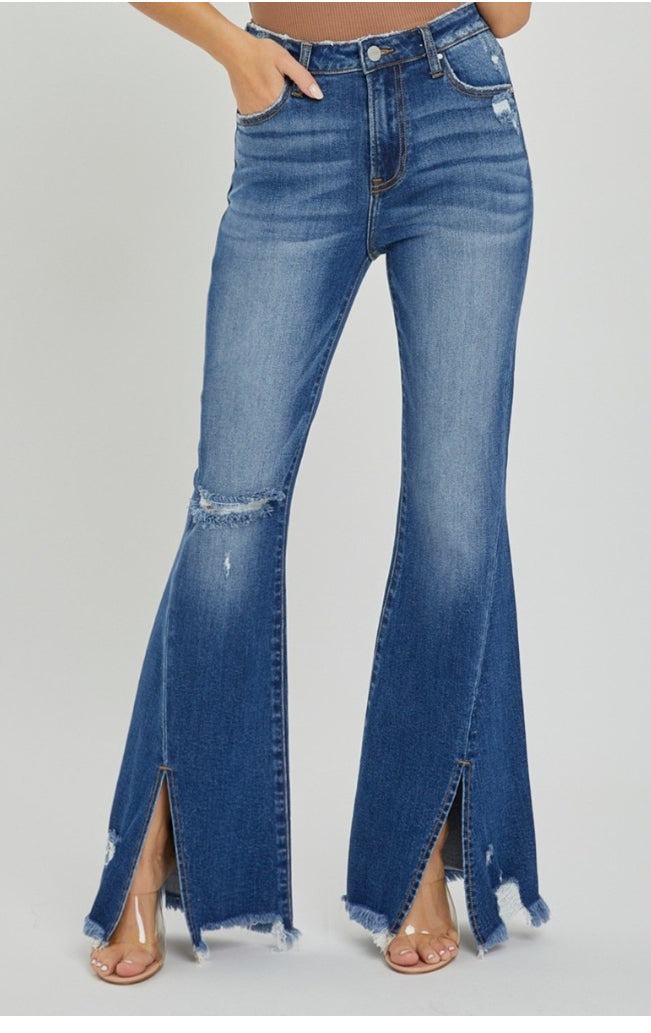 RISEN HIGH RISE DISTRESSED FLARE JEANS