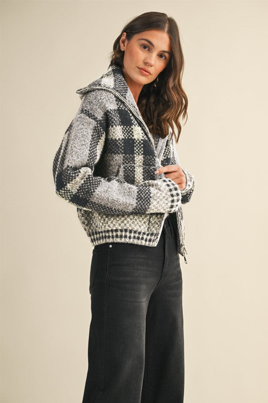 CHECKERED FUZZY CROP JACKET