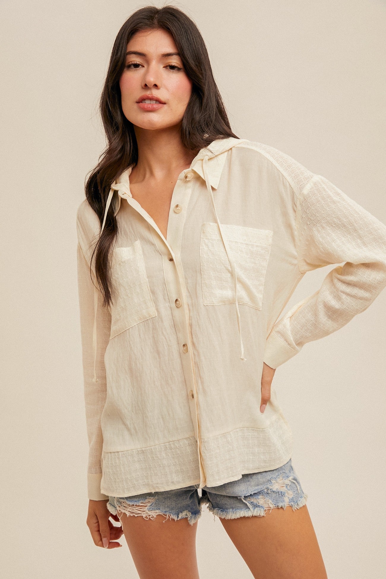 HOODED BUTTON UP BLOUSE