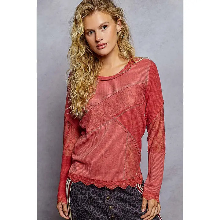 LACE TRIM LONG SLEEVE BLOUSE